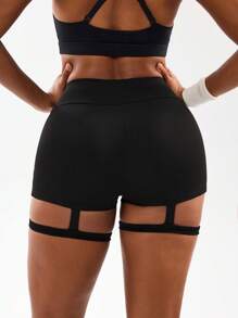 Easithlete 女士时尚性感瑜伽镂空绑带设计紧身运动短裤，黑色提臀短裤，女士钢管舞短裤，健身短裤，吊袜带短裤，黑色氨纶短裤，黑色短裤 - 黑色 - 查看 3