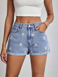 SHEIN Tall Damen Sommer Lässig Denim Shorts mit loser Passform, floraler Stickerei und gerolltem Saum - Blau - Übersicht 1