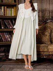 PalaceNights Floral Embroidery Patchwork Retro Palace Style Women's Camisole Nightgown And Robe Sets, Fall Clothes - Mint Green - View 6