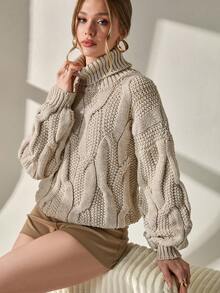 CLARA VERO Women Solid Color Cable Knit Pattern Turtleneck Drop Shoulder Chunky Pullover Turtleneck Sweater Women Cable Knit Sweater Knitted Jumper Winter Sweaters For Women Womens Knitwear Turtle Neck Women Knitted Jumper For Women Womens Winter Sweaters Chunky Knit Sweater,Jumpers,Women's Jumpers