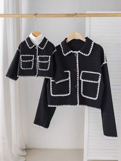 SHEIN Baby Girl Cute Black Floral Trim Long Sleeve Jacket, Versatile For Autumn/Winter