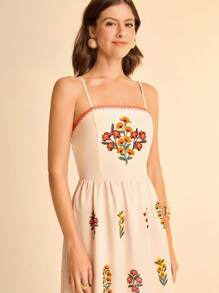 CAJUNI Women's Holiday Boho Colorful Tropical Floral Print With Spaghetti Straps Back Elastic Waist A-Line Summer Beige Holiday Long Dress