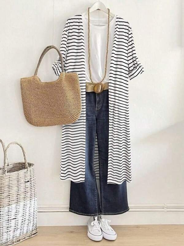 EMERY ROSE Women's Striped Short Sleeve Open Front Long Casual Lightweight Cardigan Coat For Summer