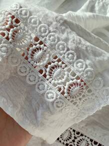Comfortcana Conjunto casual de 2 piezas con camisa blanca de encaje tejido y pantalones cortos - Blanco - Ver 6