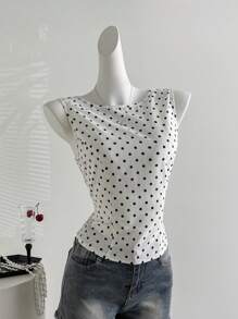 Sweetra Parte superior corta sin mangas con diseño de lazo en la espalda y estampado de lunares, vintage sexy, diseño exclusivo, estilo "French Girl"