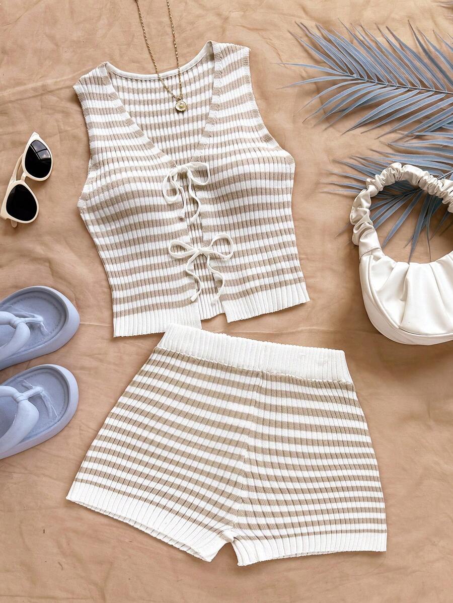 Soleia Women's Casual Summer Set, Striped Sleeveless Knit Top + Shorts Two Pieces Short Set Knit Two Pieces Set Ribbed Two Pieces Set Striped Two Pieces Set Summer Two Pieces Set In Fall/Winter - Multicolor - View 1