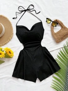 Soleia 女式度假吊带结褶饰腰部露背阔腿连体衣，适合派对、下午茶、街头风格