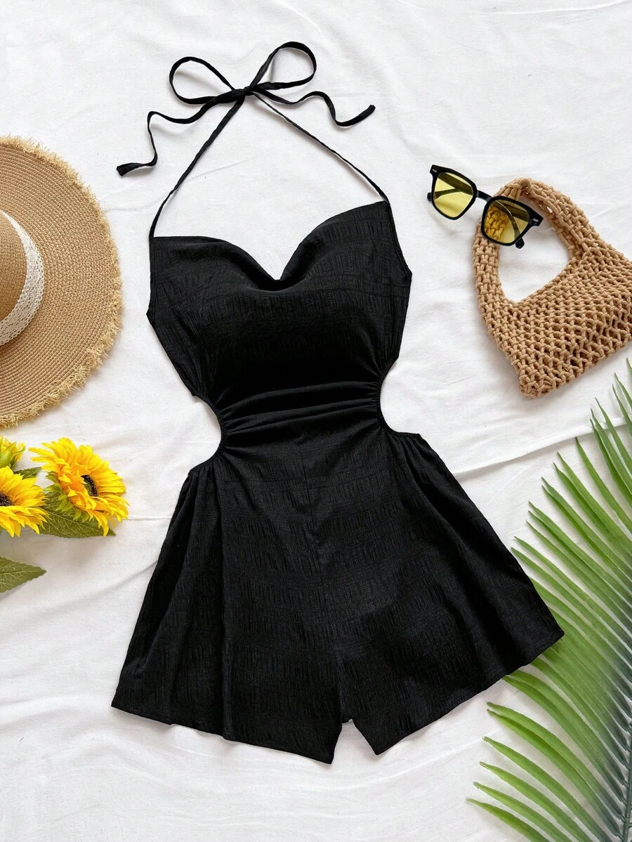 Soleia 女式度假吊带结褶饰腰部露背阔腿连体衣，适合派对、下午茶、街头风格