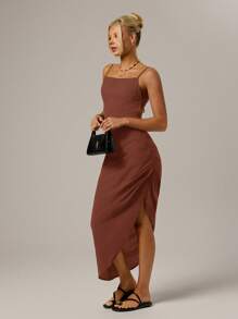 SHEIN Forever 21 Casual Black Open Back Spaghetti Strap High Slit Dress For Beach, Date, Holiday, Spring - Brown - View 8