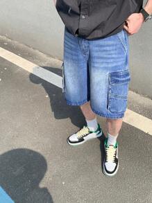 SHEIN Teen Boy Fashion Casual Blue Multi-Pocket Tooling Design Loose And Wide Legs Comfortable Short Jeans For Teen Boy Clothes Boys Costume Dailywear And Teen Boy Summer And Spring Clothes