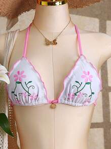 Swim Mod 女士海滩度假夏季新款性感露背系带花卉印花泳装套装带金属吊坠，海滩度假比基尼套装