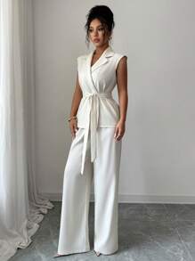 INAWLY Women Summer Casual Commute Versatile Solid Lapel Collar Self-Tie Belt Sleeveless Shirt And Loose Wide Leg Pants Set