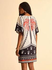 CAJUNI 女式波西米亚风印花度假休闲镂空荷叶边袖宽松迷你连衣裙 - 彩色 - 查看 2