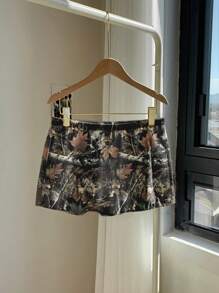 SHEIN EZwear 女式低腰休闲复古树叶印花图案修身短裤，右侧单口袋，适合夏季海滩度假，20% 棉 - 白色 - 查看 6