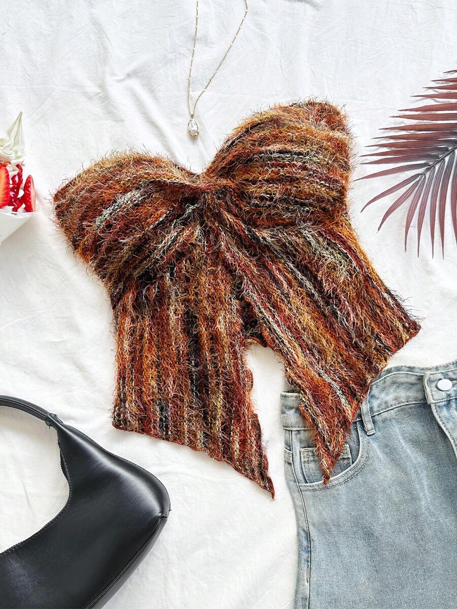 Soleia Atasan Crop Top Wanita Gaya Boho Rajutan Linen Bertekstur dengan Detail Lipatan di Bagian Depan - MultiWarna - View 1
