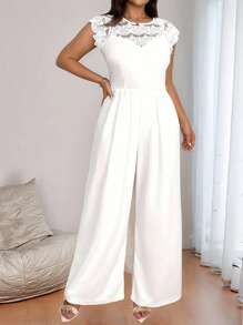 Flirla 大码女式优雅纯色蕾丝连体裤 - 白色 - 查看 3