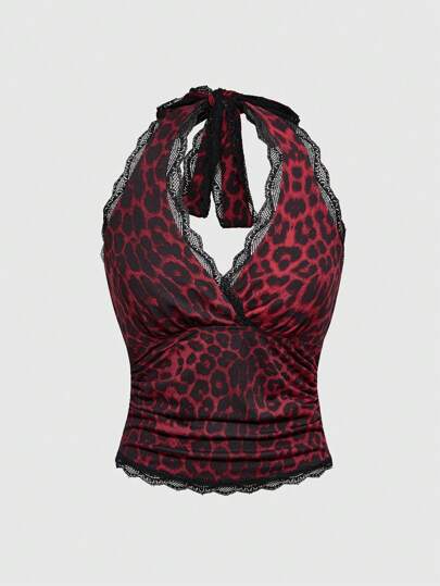 Grunge Punk Y2K Style Women Lace Leopard Print Ruched Halter Tank Top