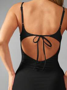 MISSGUIDED Stretch Mini Dress Built In Shorts Club Party Night Out Spaghetti Strap Backless Split Bodycon Dress - Black - View 4