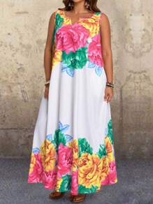 EMERY ROSE Plus Size Sleeveless Tropical Floral Jacquard Side Pockets Dress For Women, Suitable For Spring And Summer Maxi Dress With Pockets Rose Print Maxi Dress Long Summer Dress Summer Dresses For Women,Flowy Dress - Multicolor - View 4