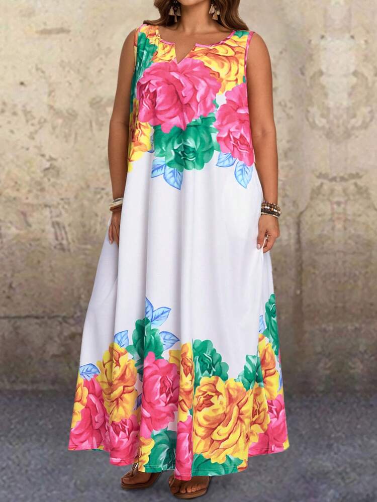 プラスサイズ ノースリーブ トロピカル フローラル ジャガード サイドポケット ワンピース、春夏シーズンに適しています