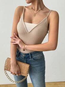 INAWLY Mechanism Ribbed Stretchy V-Neck Camisole - Apricot - View 4