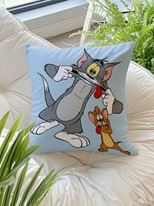 TOM & JERRY X SHEIN Bộ vỏ gối có thể tháo rời dùng làm vỏ gối ngủ/tựa lưng/trang trí, phụ kiện giường ngủ trong phòng ký túc xá (chỉ có vỏ vuông, không có ruột) - Màu xanh nhạt - Xem 9