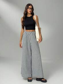 SHEIN Tall 休闲阔腿格纹裤，适合通勤 - 黑色 - 查看 6