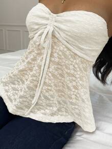 CovetEZ Women Sleeveless Cropped Camisole Top With Textured Fabric & Drawstring Detail - Apricot - View 6