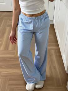 SHEIN Pantalones elásticos de cintura baja a rayas azules casuales y para vacaciones para adolescentes