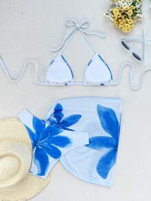 Zestiva 3件套女士花卉印花露背系带性感比基尼泳装，适合海滩度假 - 藍白色 - 查看 3