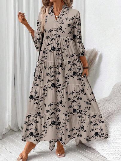 SHEIN LUNE 女士V领褶皱长袖连衣裙，适合秋季