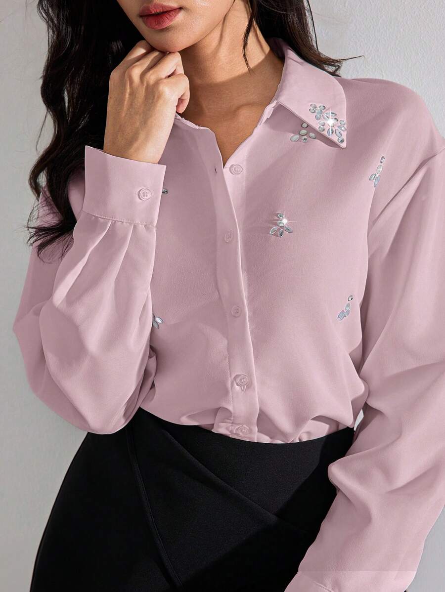 Heiryn Women's Rhinestone Decor Drop Shoulder Long Sleeve Single-Breasted Elegant Blouse - Pink - View 1