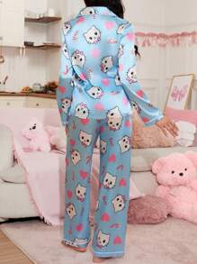 SweetSlumber Set de 2 piezas de pijama de mujer con estampado de gato de dibujos animados y corazón en forma de paleta