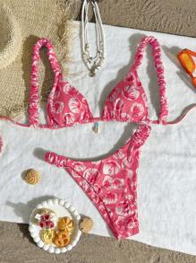 Swim Mod 2 Pieces Set, Summer Vacation Random Print Rib Textured Fabric Thick Straps Shell Decors Triangle Cup Bra And Bikini Bottoms Sexy Ladies Swimwear - Pink - View 6