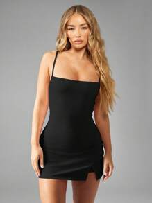 MISSGUIDED Stretch Mini Dress Built In Shorts Club Party Night Out Spaghetti Strap Backless Split Bodycon Dress - Black - View 1