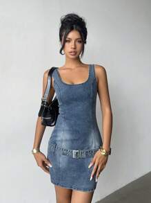 Aloruh Women's Y2K Sexy Square Neck Fashion Waist Belt Denim Mini Dress, Night Out