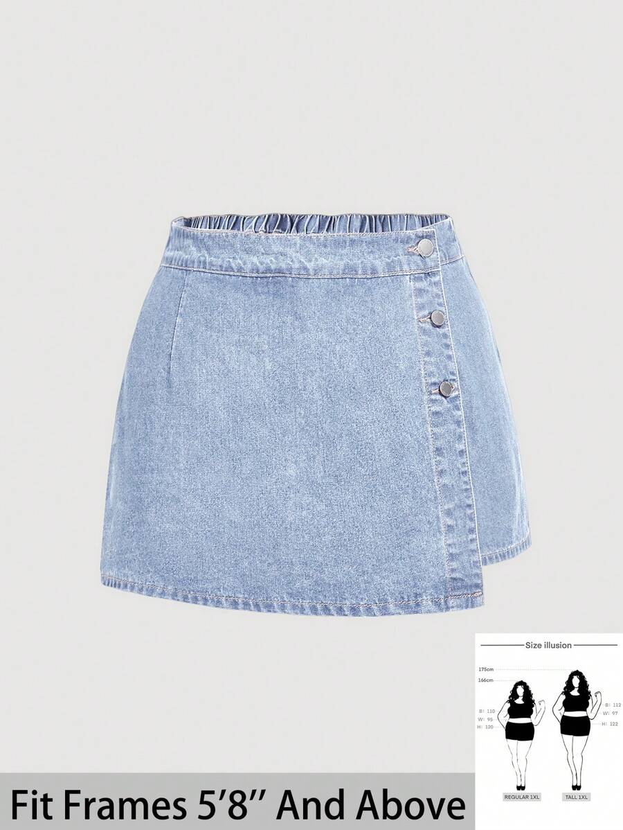 SHEIN Tall CURVE Plus Size Women Button Front Asymmetric Hem Denim Mini Skort Denim Mini Skirt Light Blue Denim Skirt Jean Skirt Denim Skort Y2k Denim Skirt