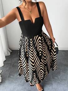 Elenzga Plus Size Summer Elegant Printed Patchwork Cami Dress - Multicolor - View 6