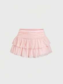 Sweetra New Romantic Pink Lace Mini Skirt, Versatile For Vacation And Daily Wear - Pink - View 1