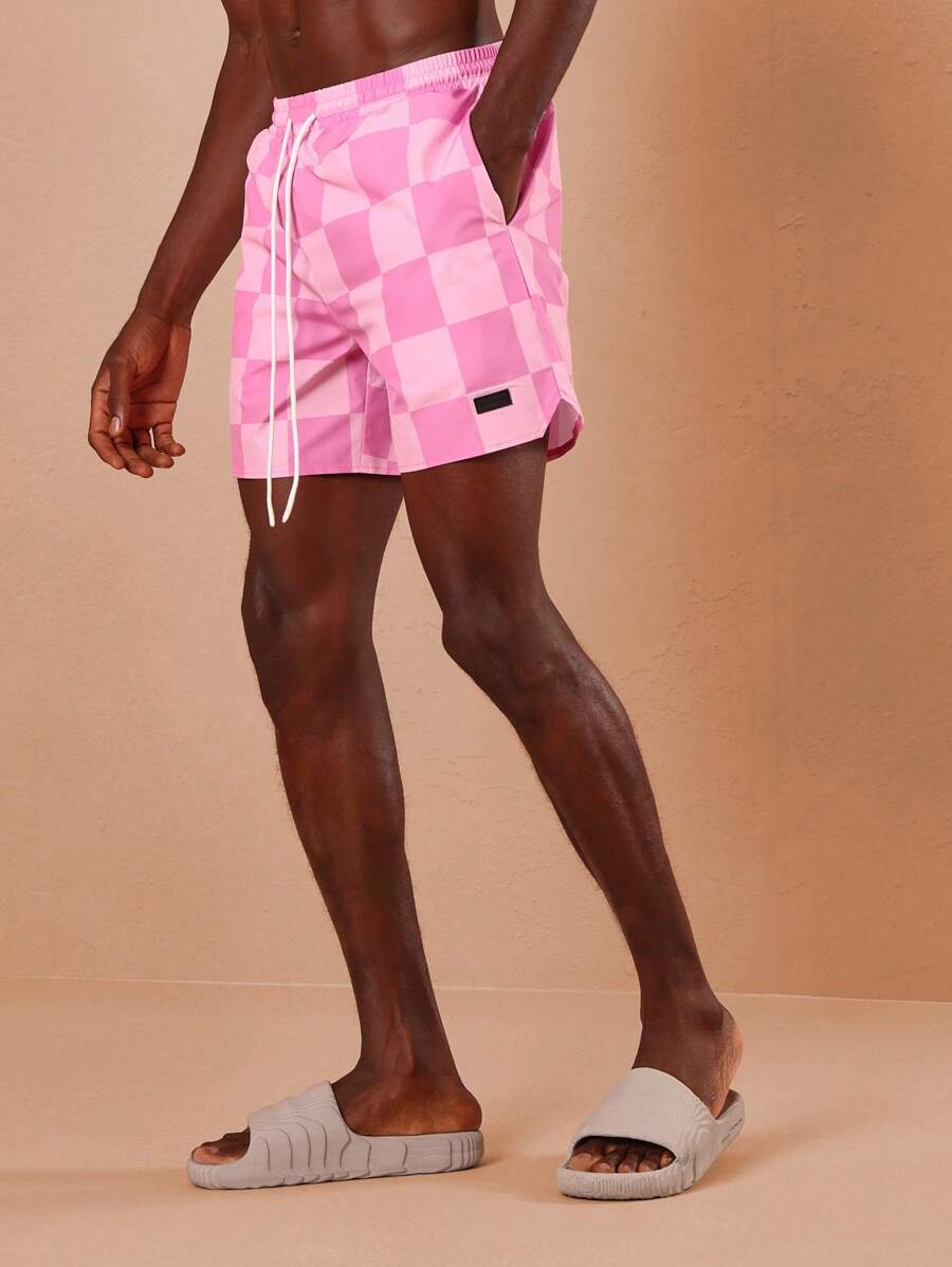 SUMWON Quần bơi kẻ caro mùa hè bằng vải nylon, quần short lướt ván, đồ bơi đi biển, kỳ nghỉ lễ hội mùa xuân, thời trang - Màu Hồng baby - Xem 1