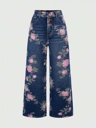 Fairycore Jeans anchos y sueltos estilo vintage con estampado floral lavado, atuendo de verano para mujer