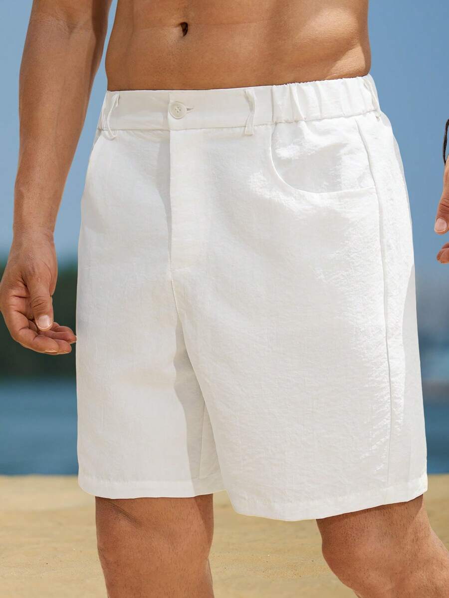 VENTUSAIL Men's Elastic Waist Pocket Casual Linen-Like White Shorts For Men, Holiday - White - View 1