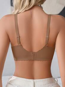 NudeFit 1 Pc Casual Mesh Patchwork Solid Color Wavy Hem Adjustable Wireless Removable Padded Bra For Women - Khaki - View 2
