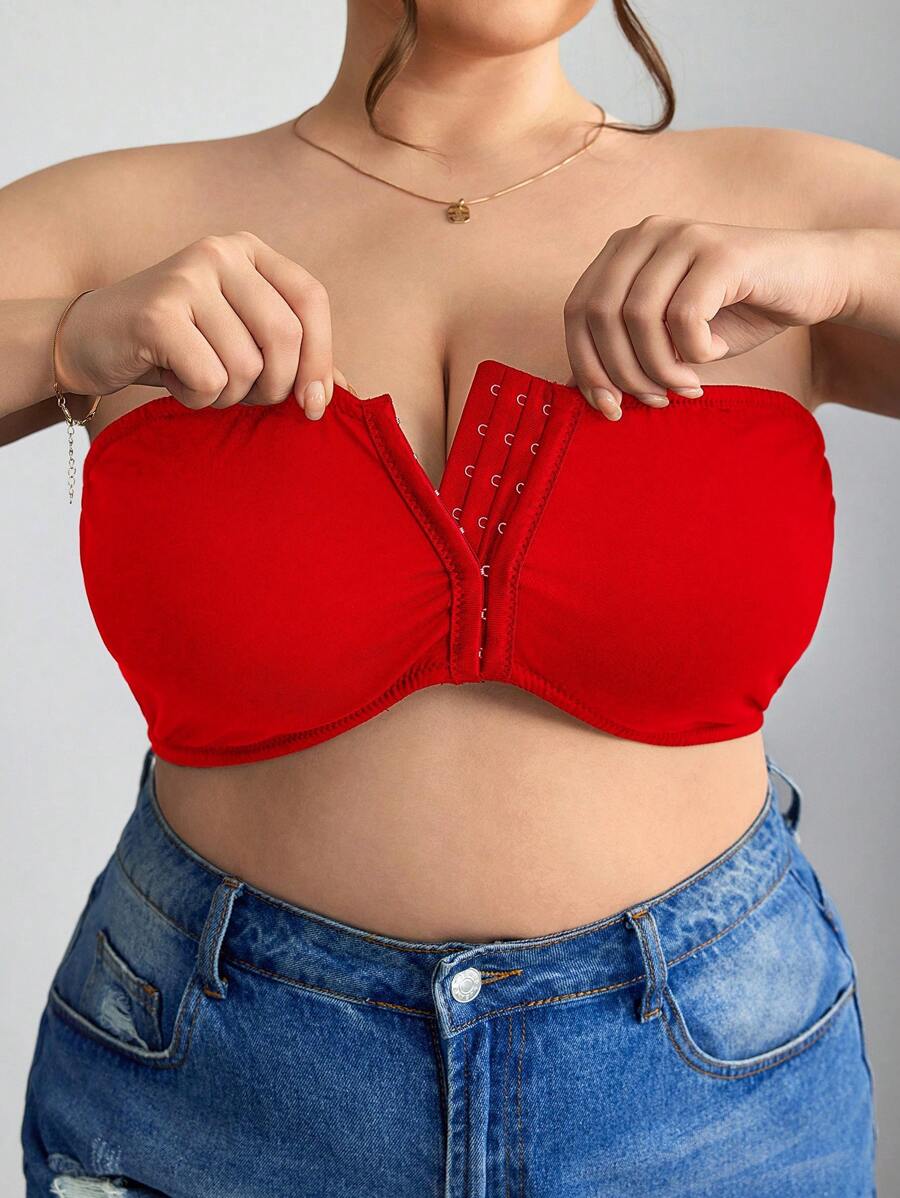 SHEIN CURVE+ 前拉链加大码迷你衬垫文胸背心，加大曲线，波西米亚度假夏季/乡村/海滩度假服装/海滩服装/海滩装 - 紅色 - 查看 1
