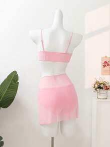 Tween Girls 3pcs Bikini Set, Pink Bandeau Bralette Crop Top, Pink Triangle Bottoms, Pink Mesh Skirt - Pink - View 4