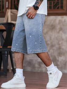 Manfinity Homme Men's Pockets Embellished Loose Fit Wide Leg Denim Bermuda Shorts Tropical Hang Out Workout Going Out Street