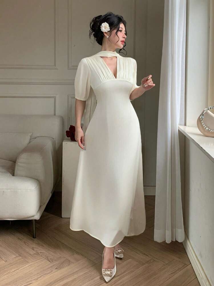 Summer & Spring/Autumn Office Lady Elegant Mid-Sleeve Solid Color Minimalist A-Line V-Neck Ribbons Drawstring Waist Long Dress For Women Dress
