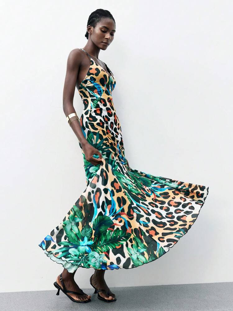 SHEIN Maija 2025 Autumn/Winter New Tropical Rainforest Leopard Print Animal Pattern Chiffon Maxi Dress, Fashion Casual Elegant Versatile For Business, Party, Beach, Wedding Guest, Brunch, Streetwear, Airport, Back To School, Y2K Vintage Style,Autumn Outfits For Women