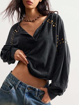 Bohemela BOHO Amerikansk Vintage Casual Dam Tvättad Enfärgad Western-Inspirerad Stickad Nitad Halv Dragkedja V-Ringad Långärmad Lös Sweatshirt, Sommar och Höst