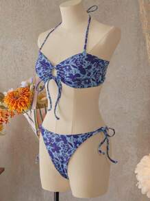 SHEIN Swim Bộ đồ bơi 2 món/bộ áo crop top cổ yếm in họa tiết ngẫu nhiên mùa hè cho nữ và quần short buộc dây bên hông, trang phục đi nghỉ ở bãi biển - Nhiều màu - Xem 5